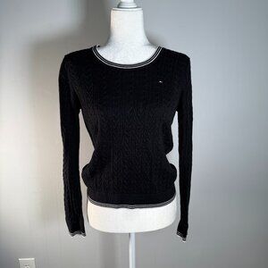 Tommy Hillfiger Womens Size Small Petite Cable Knit Black White Trim Sweater